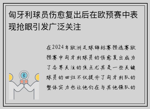 匈牙利球员伤愈复出后在欧预赛中表现抢眼引发广泛关注