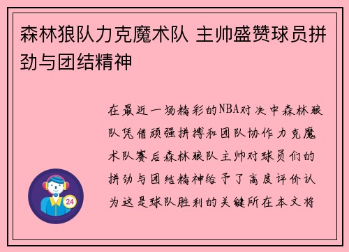 森林狼队力克魔术队 主帅盛赞球员拼劲与团结精神