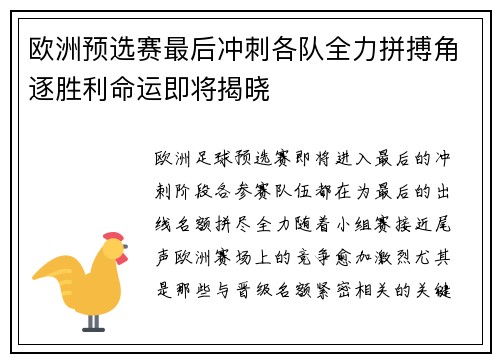 欧洲预选赛最后冲刺各队全力拼搏角逐胜利命运即将揭晓