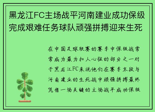 黑龙江FC主场战平河南建业成功保级完成艰难任务球队顽强拼搏迎来生死战胜利