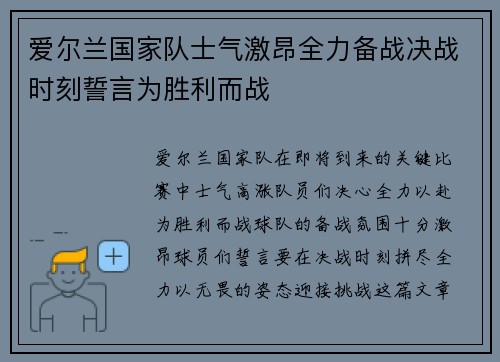 爱尔兰国家队士气激昂全力备战决战时刻誓言为胜利而战