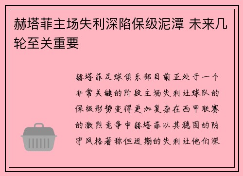 赫塔菲主场失利深陷保级泥潭 未来几轮至关重要